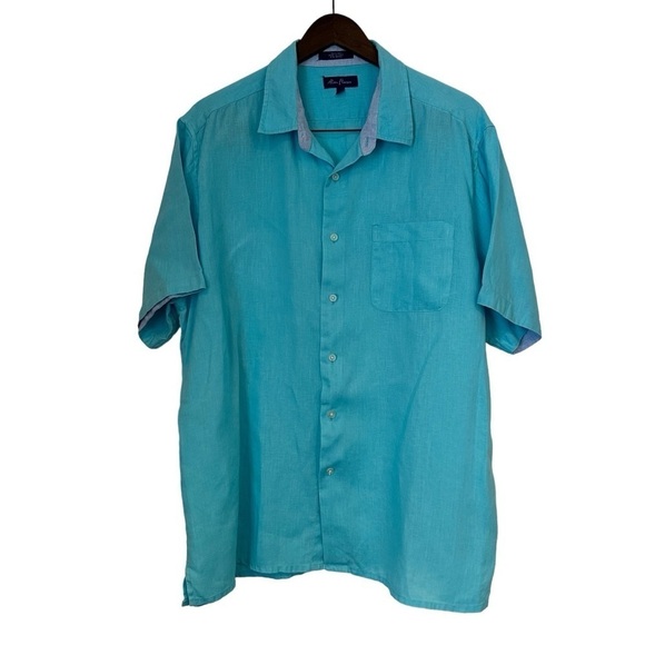 Alan Flusser blue linen short sleeve extra large button front shirt. - Picture 1 of 9
